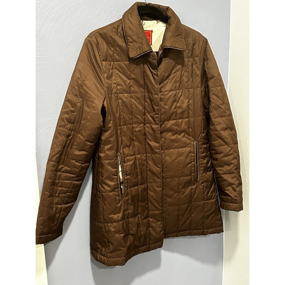 VTG COLE HAAN Brown Quilted Jacket Coat Sz M Satin Birds Lining